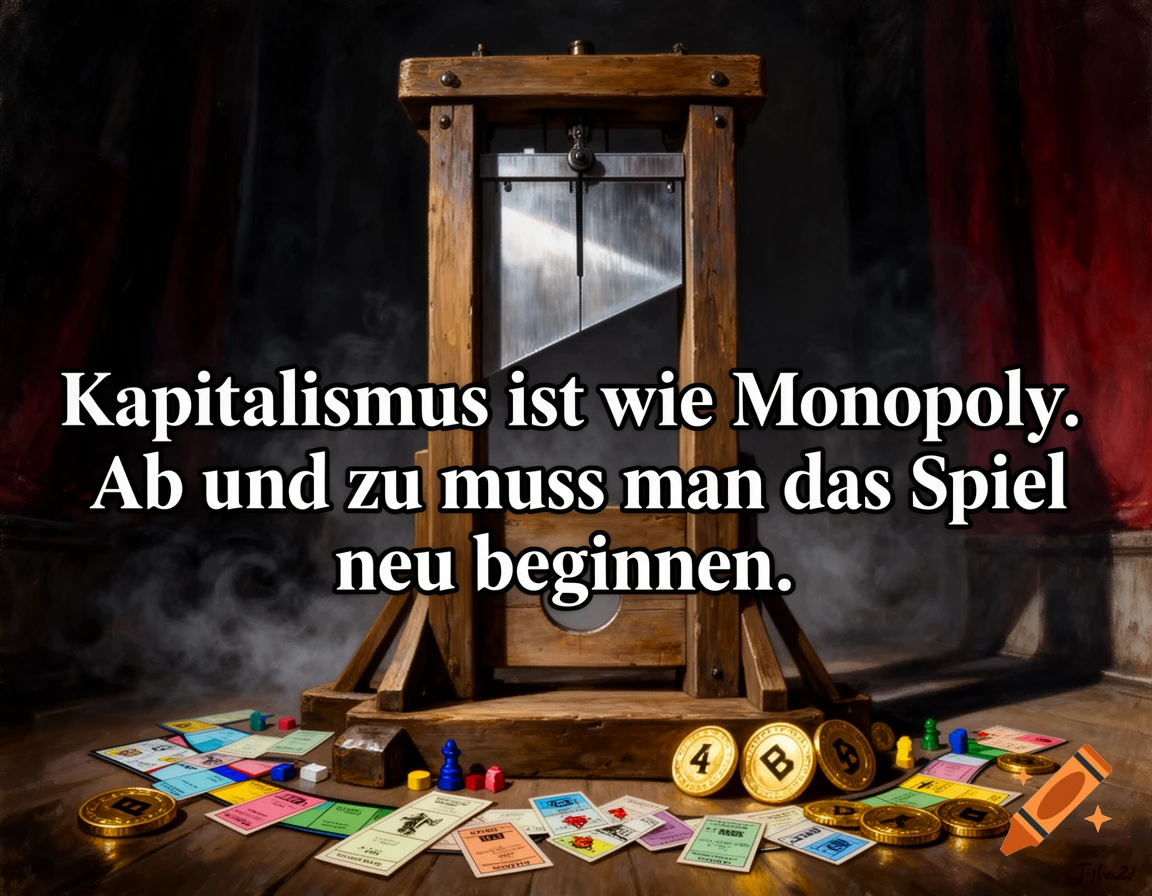 A guillotine set up over Monopoly board game pieces, coins, and money, with German text overlaid in the foreground.