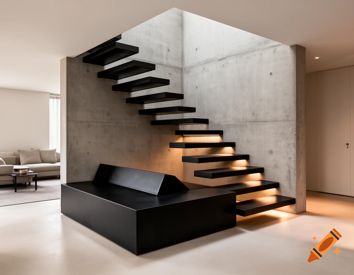 Minimalist architectural interior render of a modern room with a custom black metal staircase against a concrete wall.
