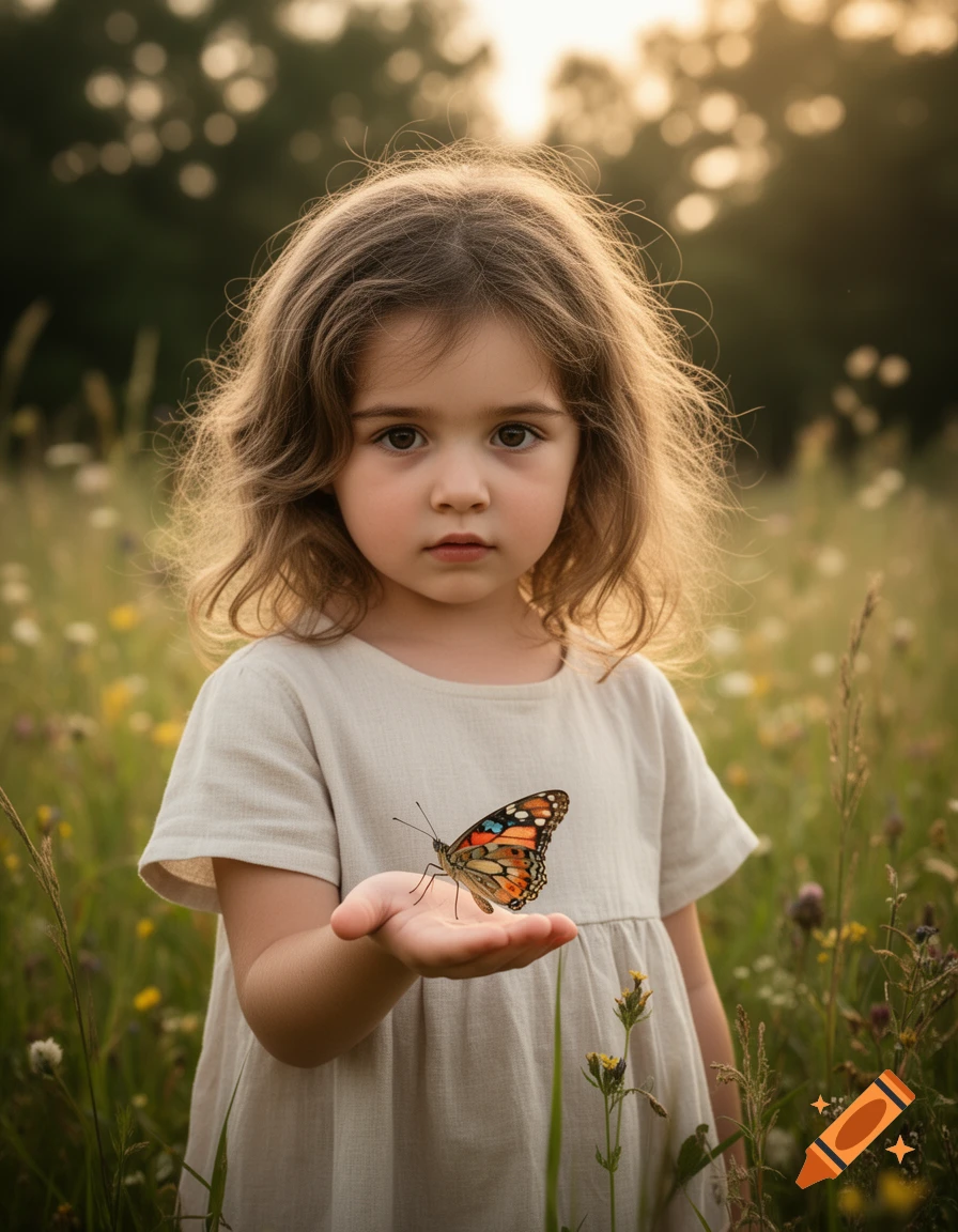 Photorealistic portrait of a young girl holding a monarch butterfly in a sunny meadow.