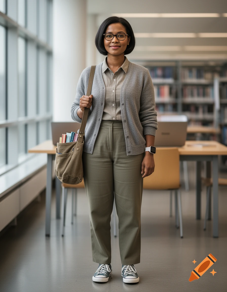 Photorealistic full-body shot of a smiling woman wearing glasses, a gray cardigan, and olive pants in a library.