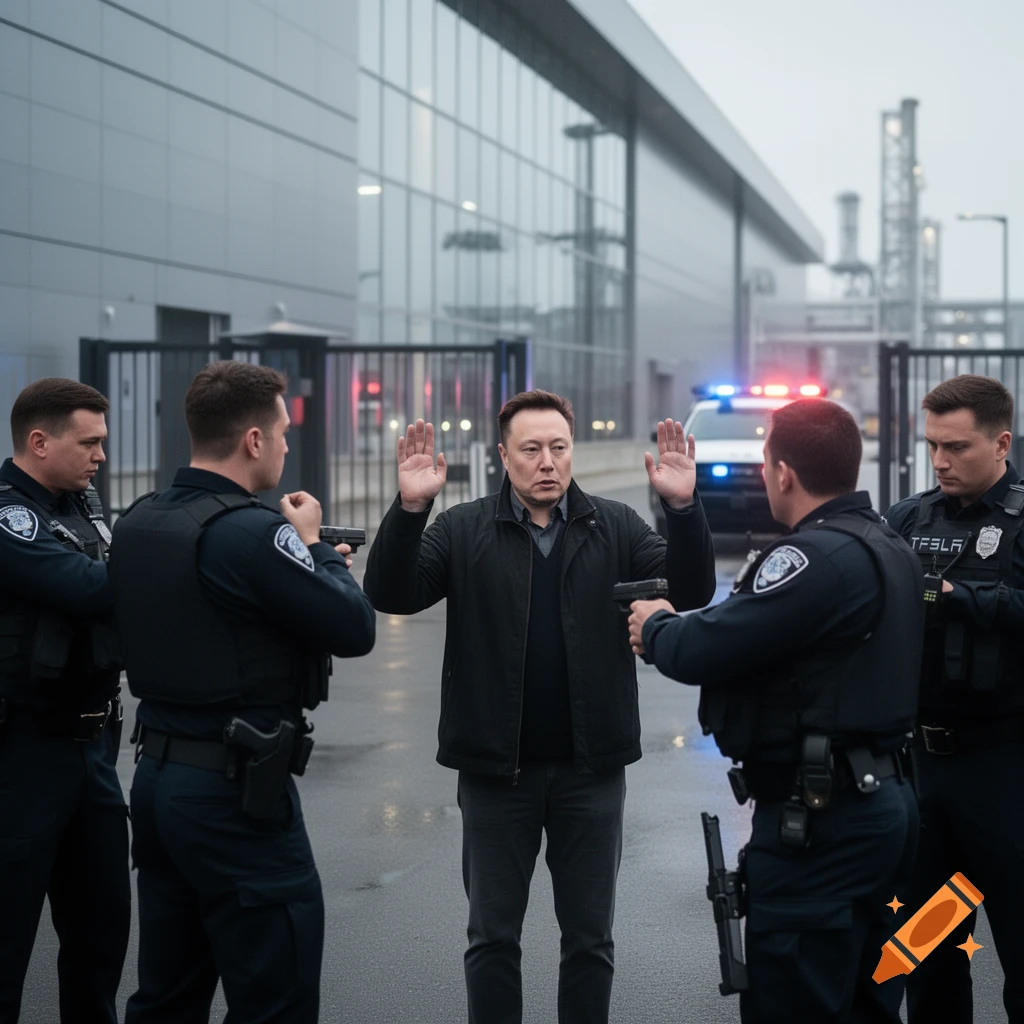 Photorealistic image of Elon Musk raising his hands while surrounded by police officers pointing guns at him outside a Tesla factory.