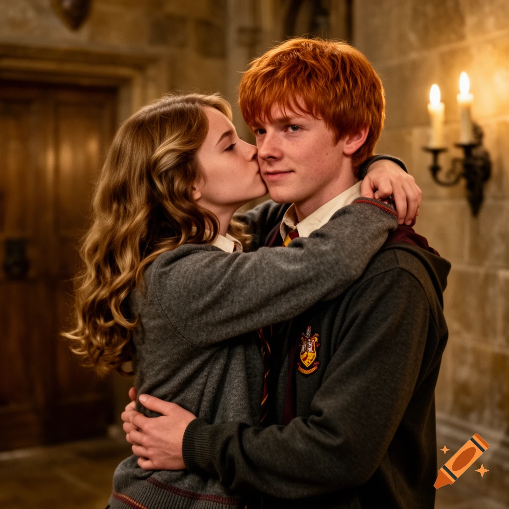 Hermione Granger kissing Ron Weasley on the cheek in a Hogwarts castle hallway, photorealistic style.
