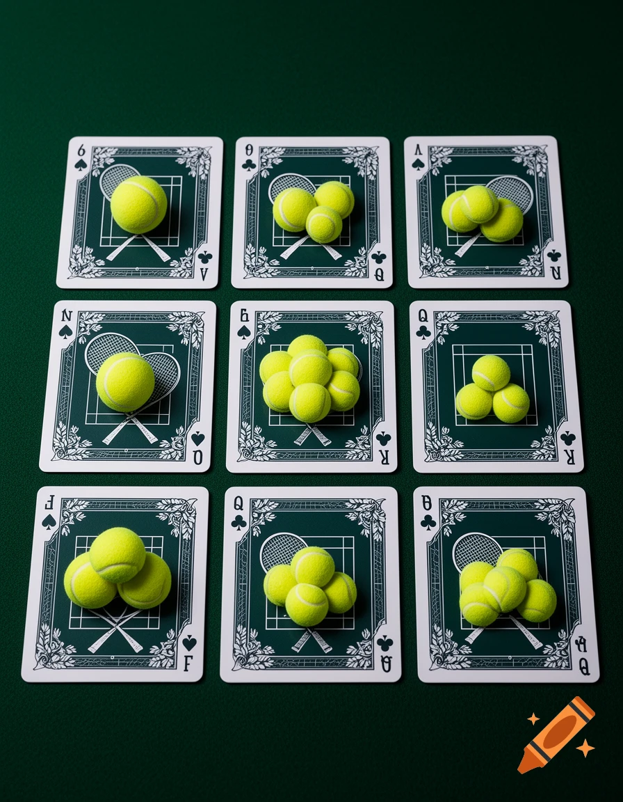 A grid of playing cards on a green felt table, each featuring tennis rackets and varying numbers of tennis balls.
