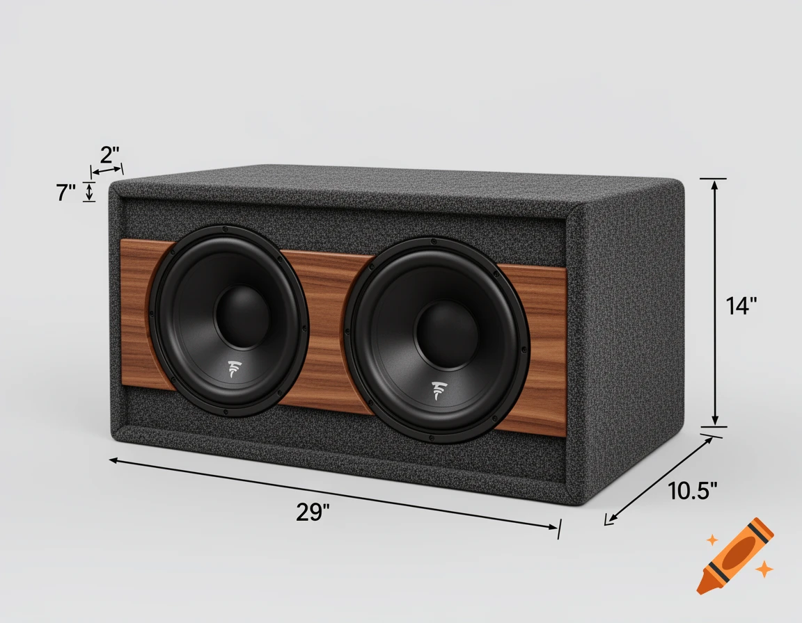 Photorealistic 3D render of a custom audio subwoofer enclosure with two speakers and dimensions labeled.