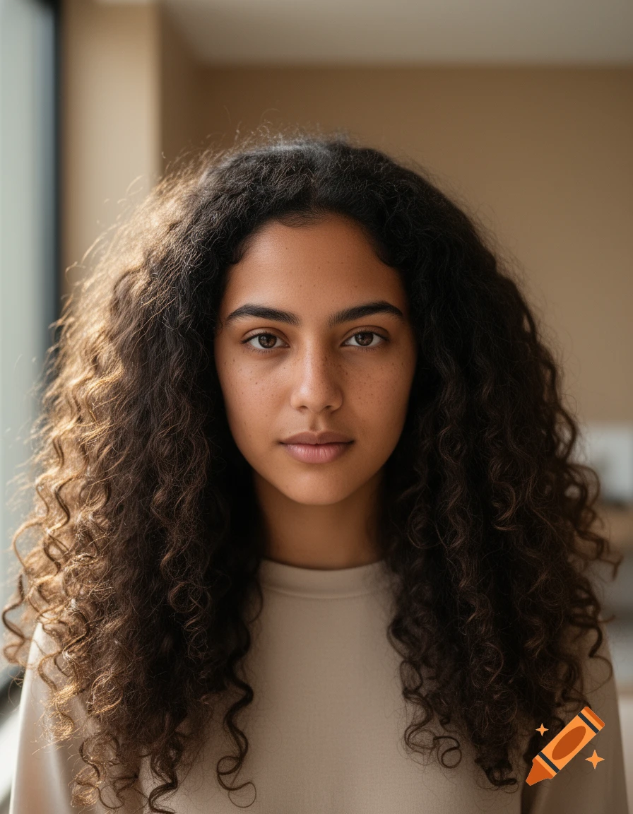 Close-up photorealistic portrait of a 24-year-old mixed-race woman with long curly dark hair and freckles.