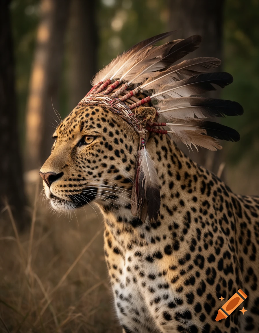 Side-profile photorealistic view of a leopard wearing a traditional Native American-style feather headdress in a forest.