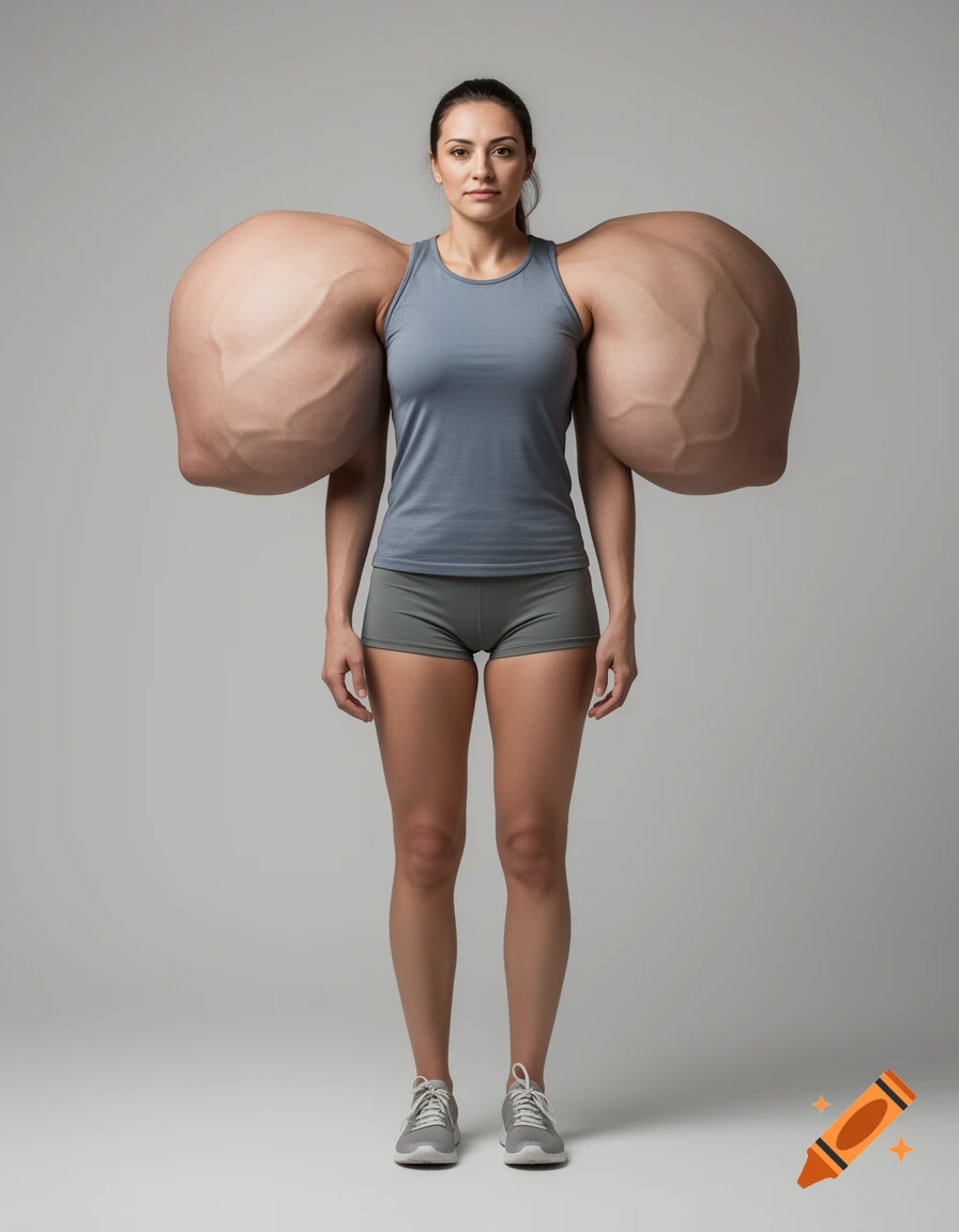 Photorealistic full-body portrait of a woman standing with exaggeratedly massive, veiny shoulders, wearing a grey athletic top and shorts.