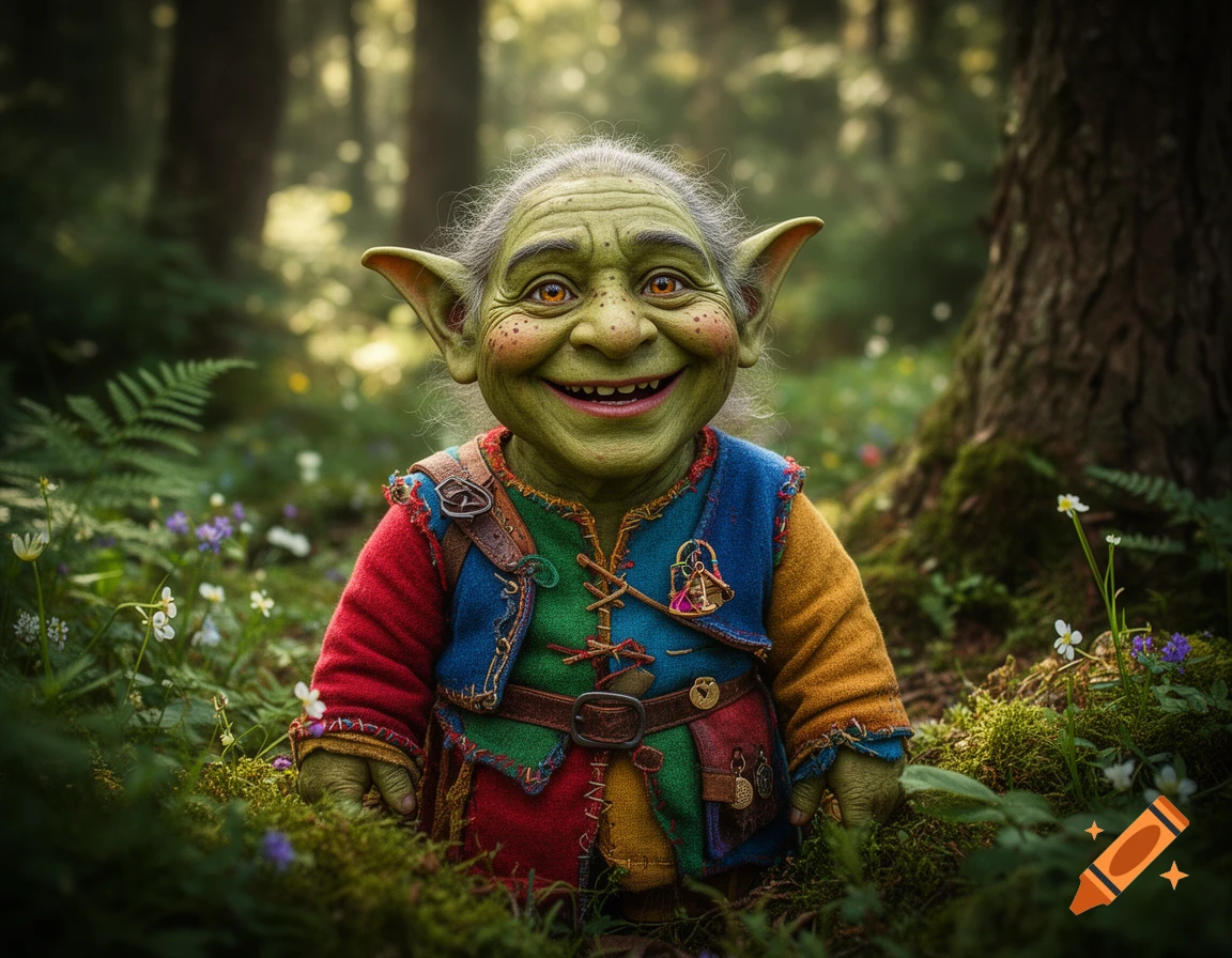 Close-up photorealistic shot of a friendly green goblin with large pointy ears and colorful patchwork clothing sitting in a lush forest.