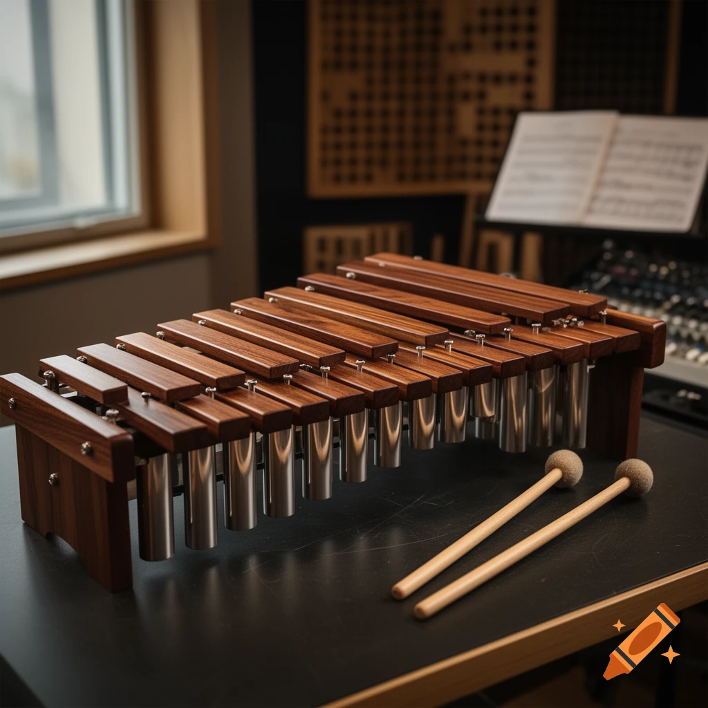 Photorealistic image of a wooden xylophone with metal resonators and two mallets resting on a black surface in a studio.