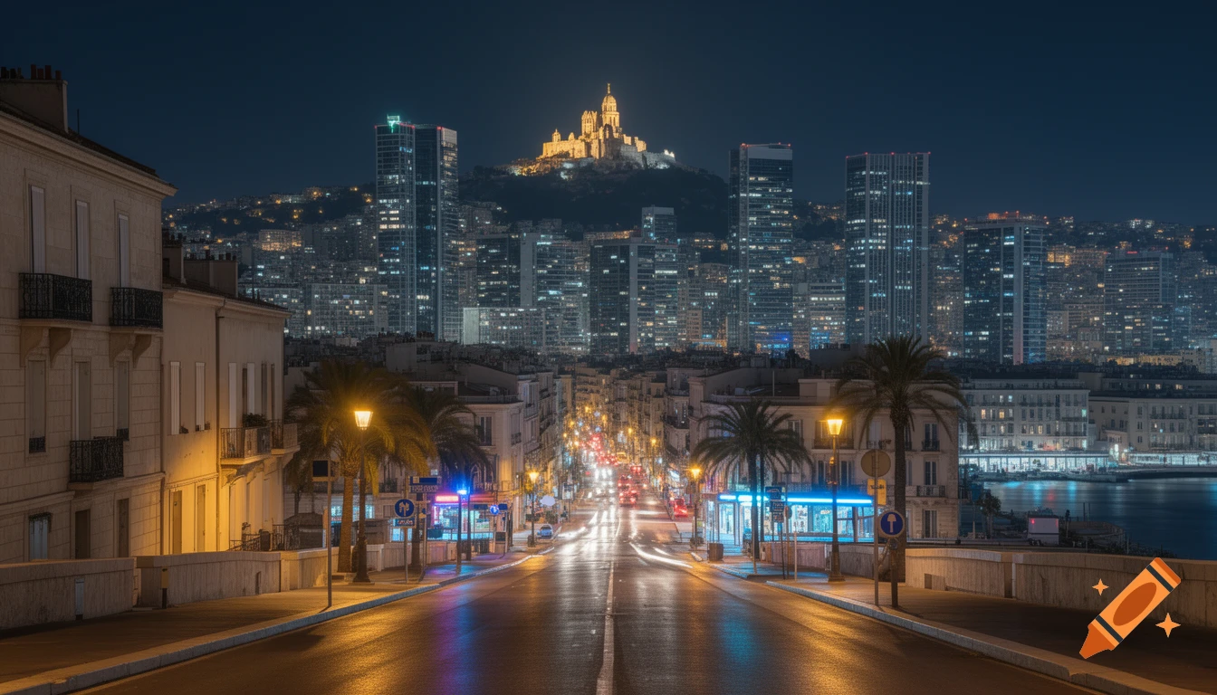 Photorealistic night cityscape blending European architecture and skyscrapers, with a glowing basilica on a hill in the background.