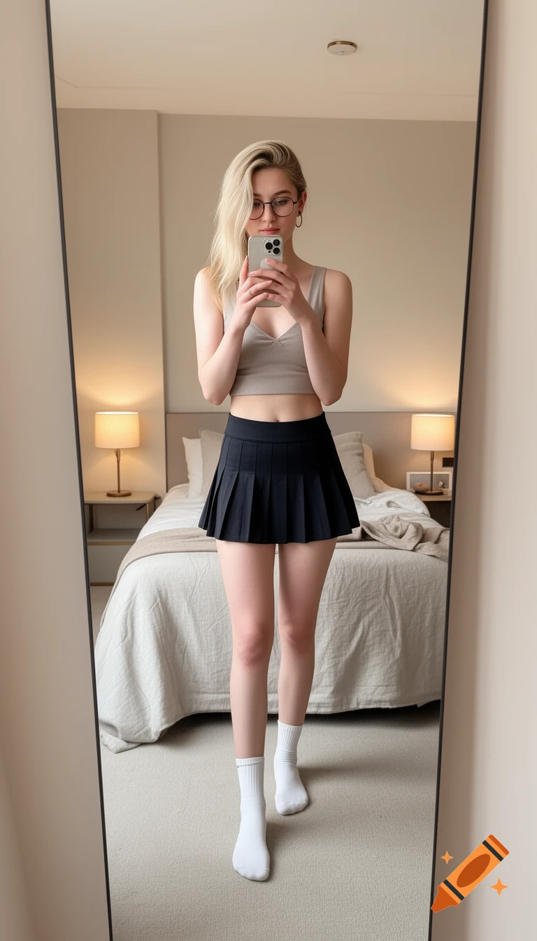 Photorealistic full-length mirror selfie of a young woman with blonde hair, glasses, crop top, and black pleated skirt.