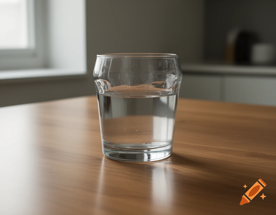 Photorealistic image of a half-full glass of water on a wooden table.