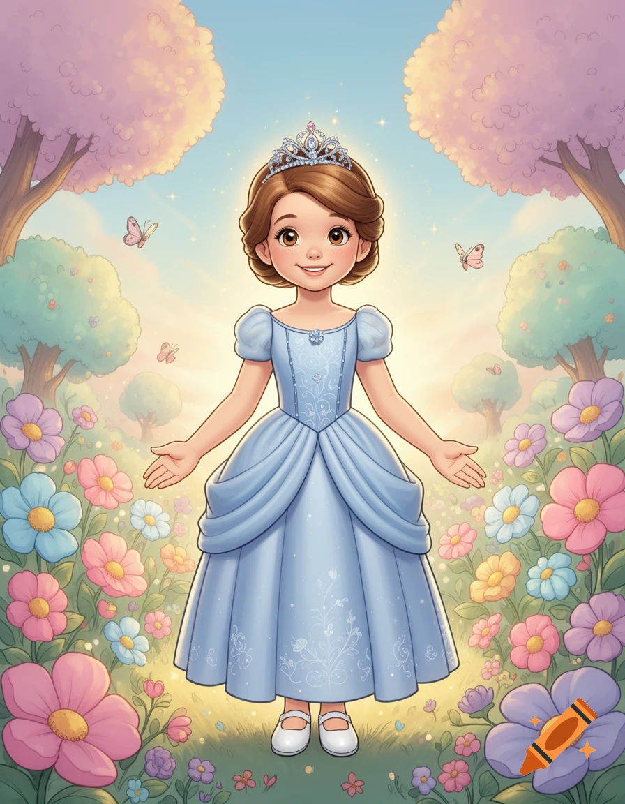 Comic-style illustration of a smiling princess in a blue dress standing among colorful flowers and trees.