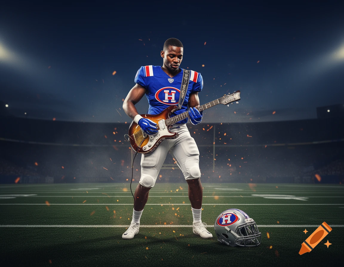Digital art of a football player in a blue uniform playing an electric guitar on a football field.