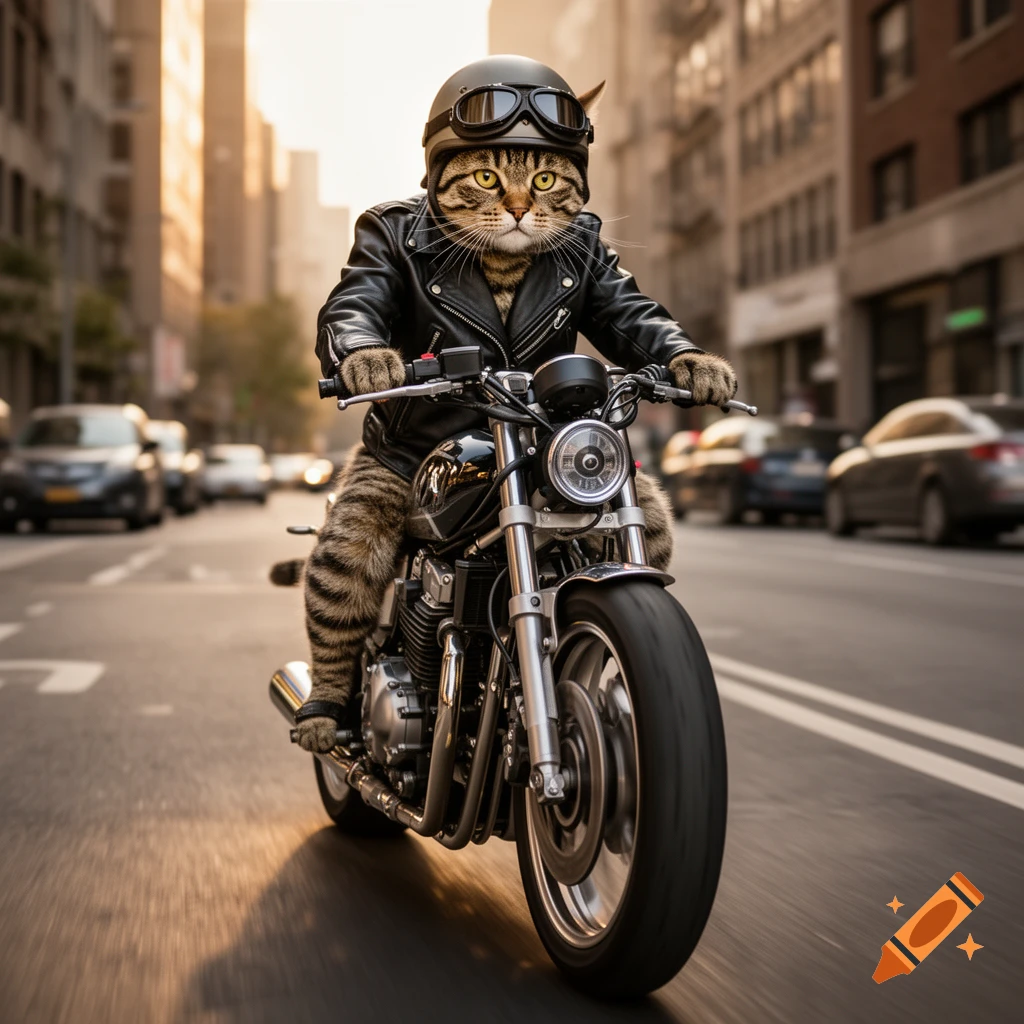 Photorealistic image of a tabby cat wearing a helmet and leather jacket, riding a motorcycle down a city street.