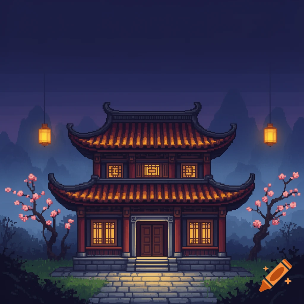 Pixel art of a traditional Chinese style house at night with glowing lanterns and cherry blossom trees.