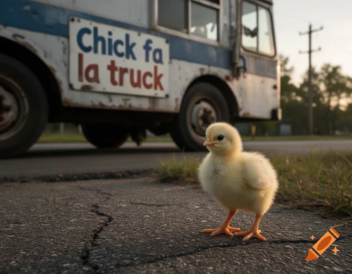 A tiny yellow chick standing on cracked asphalt with a blurred truck in the background featuring the text Chick fa la truck.
