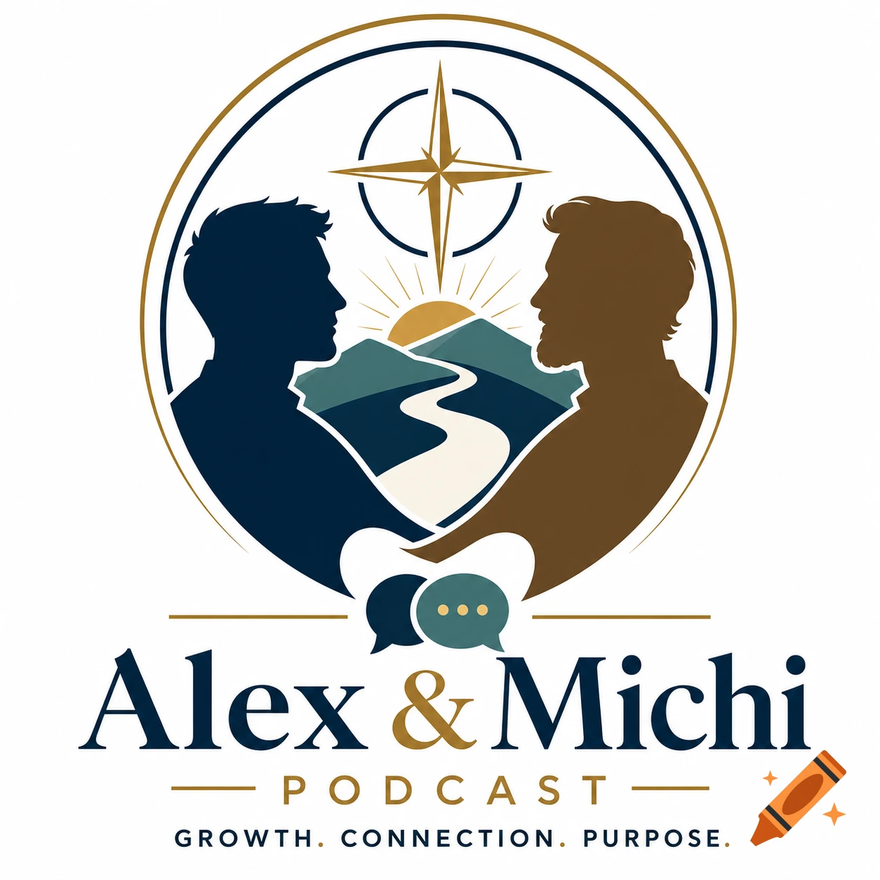 Logo for Alex & Michi Podcast featuring two men silhouettes, a compass, and mountains in a circular design.
