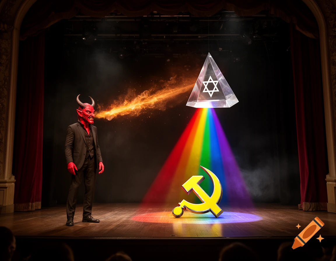 A man in a devil mask on a stage exhales fire into a floating prism with a Star of David, projecting a rainbow onto a communist hammer and sickle symbol.