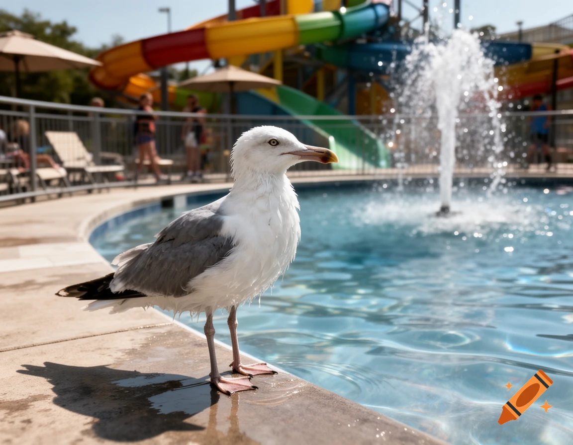 A wet seagull standing on the edge of a pool at a waterpark with a fountain and water slides in the background, photorealistic.