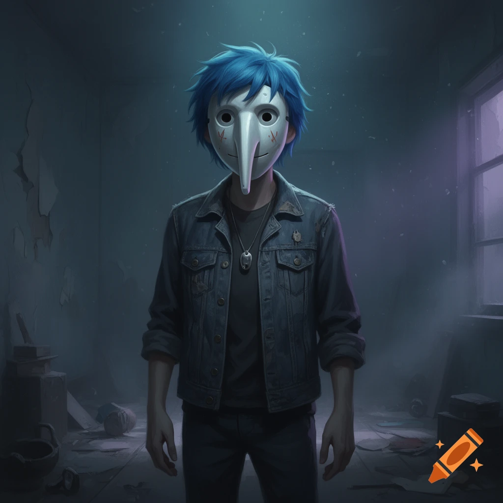 Digital illustration of a person with blue hair and a white mask with a long nose, wearing a denim jacket in a dark, moody room.