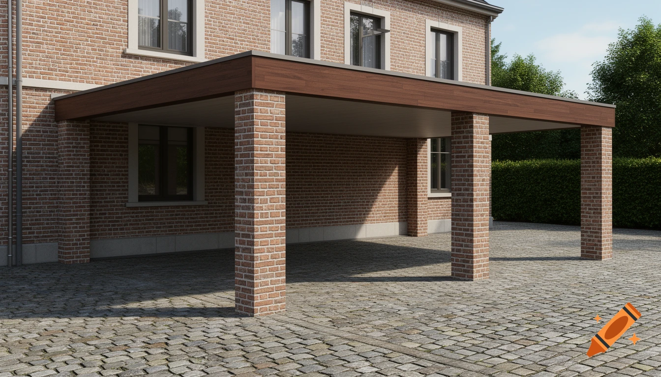 Photorealistic exterior architectural view of a modern lean-to carport with brick pillars attached to a villa.