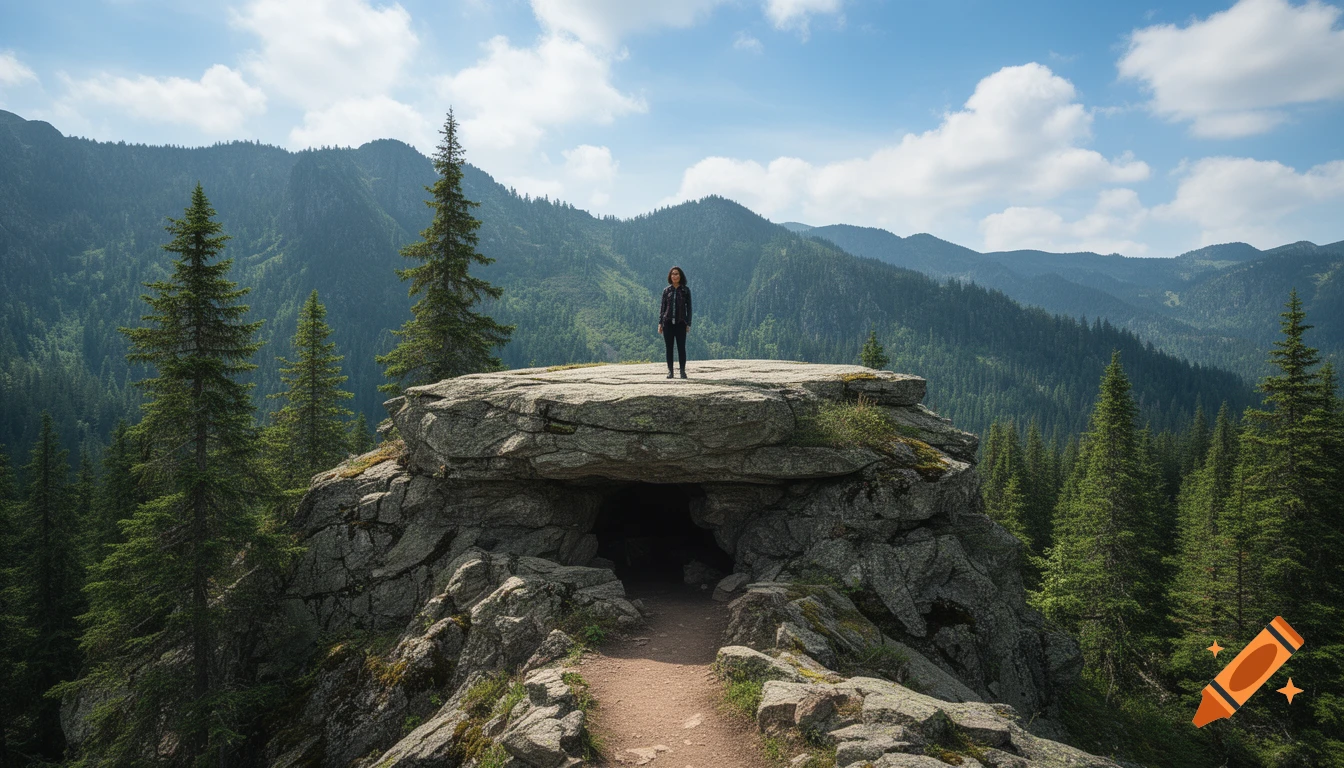 A woman stands atop a large flat rock formation with a cave underneath, surrounded by pine forests and mountains under a blue sky.