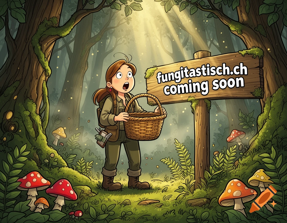Comic style illustration of a surprised mushroom hunter in a forest holding an empty basket next to a wooden sign.