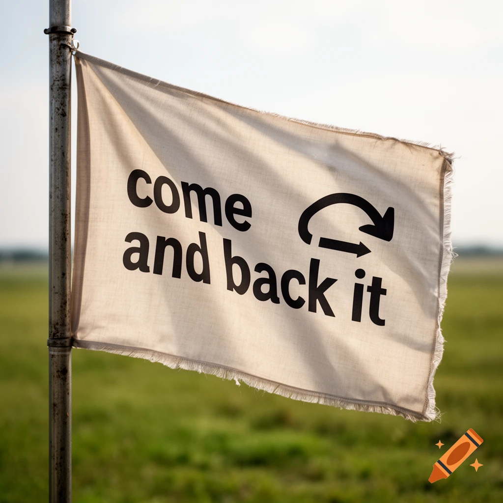 A simple white flag with the text 'come and back it' and a return arrow icon, attached to a pole outdoors.