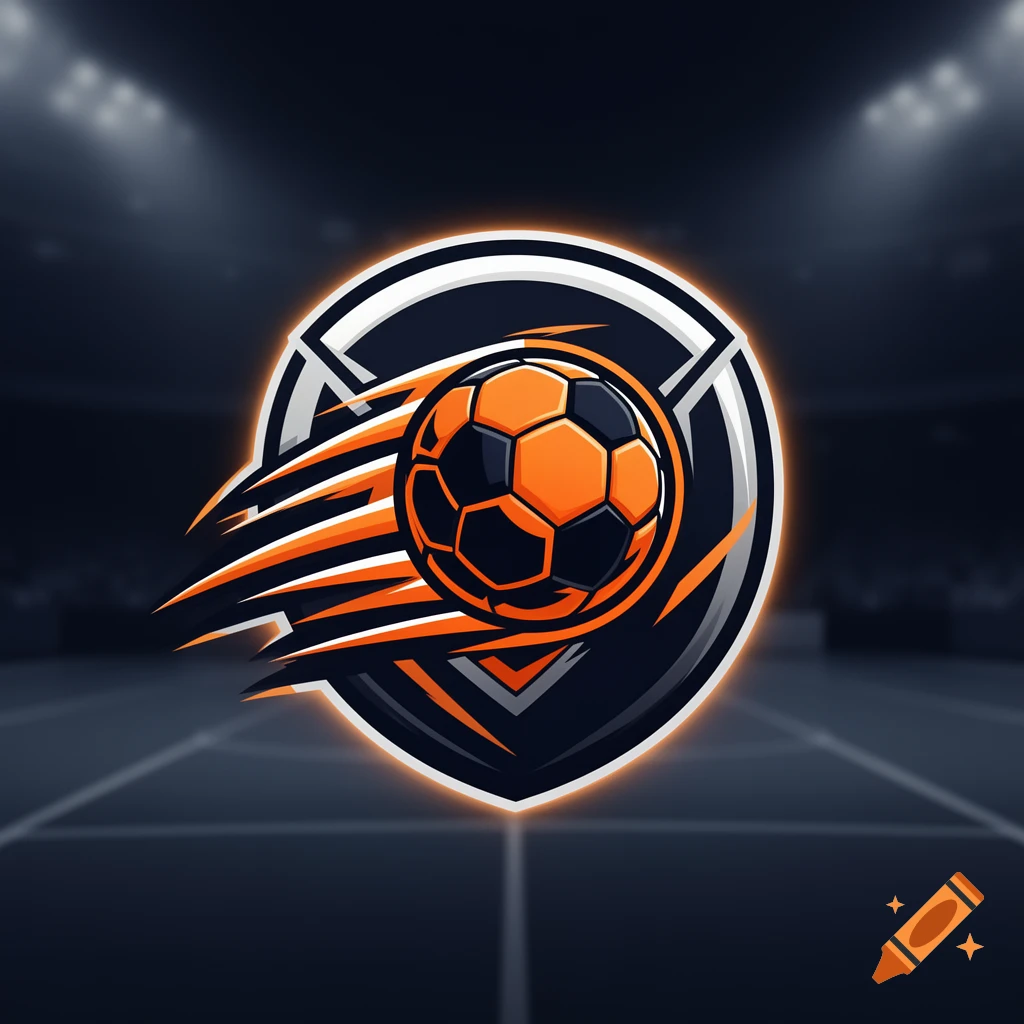 Stylized orange and black handball logo with motion lines in front of a stadium background.