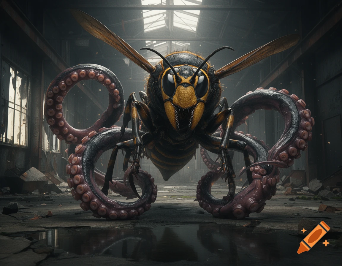 A terrifying chitinous demon with a wasp head and octopus tentacles for limbs, standing in an abandoned industrial warehouse.