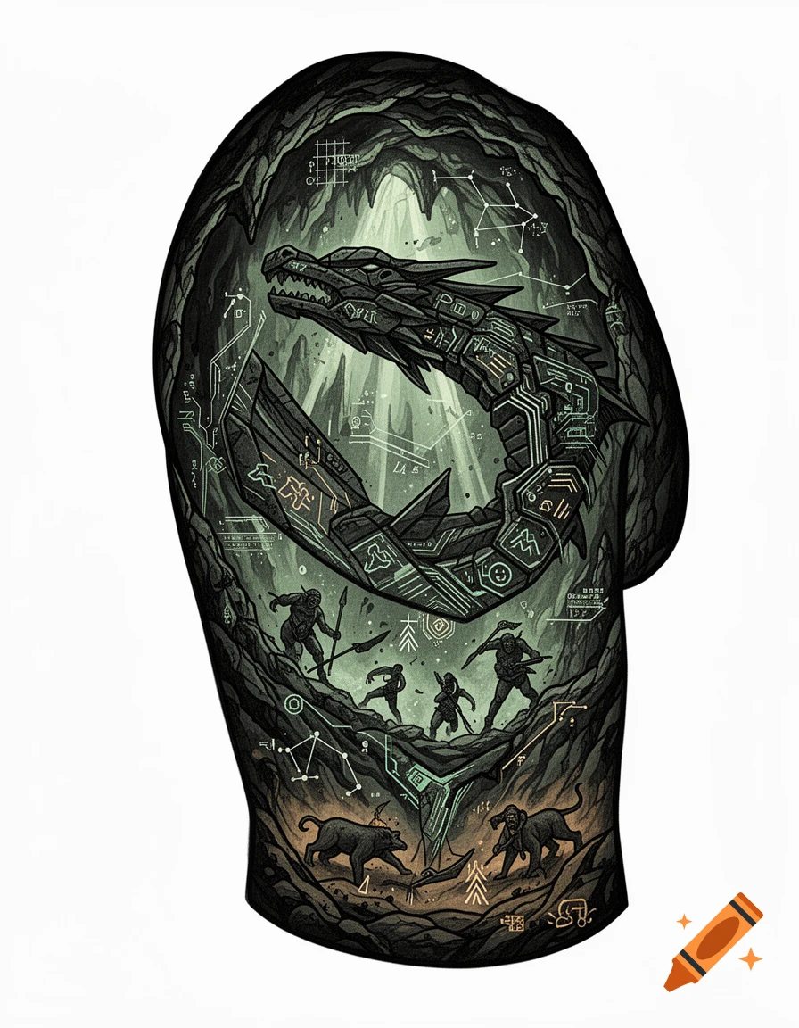An Inuit sci-fi style sleeve tattoo featuring a mechanical dragon hunted in a cave.