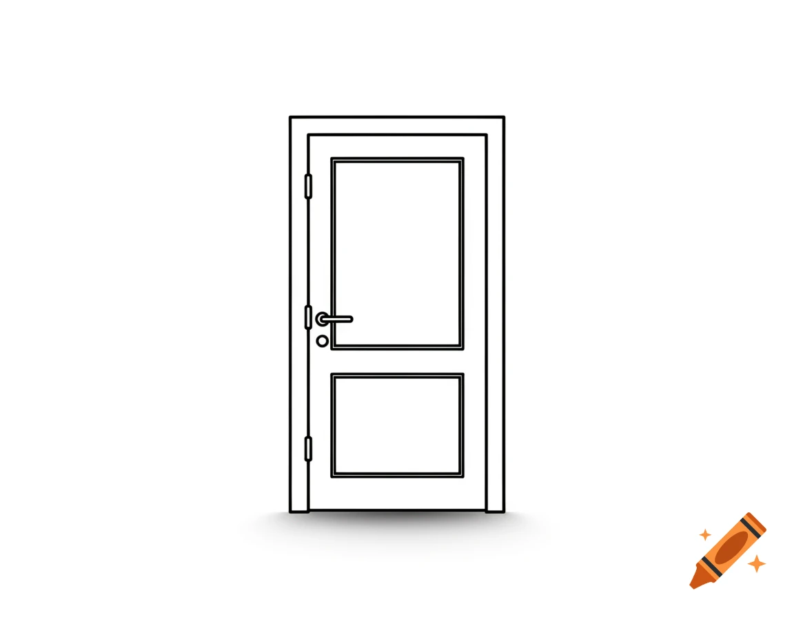 Black outline drawing of a paneled door with a handle and hinges on a white background.