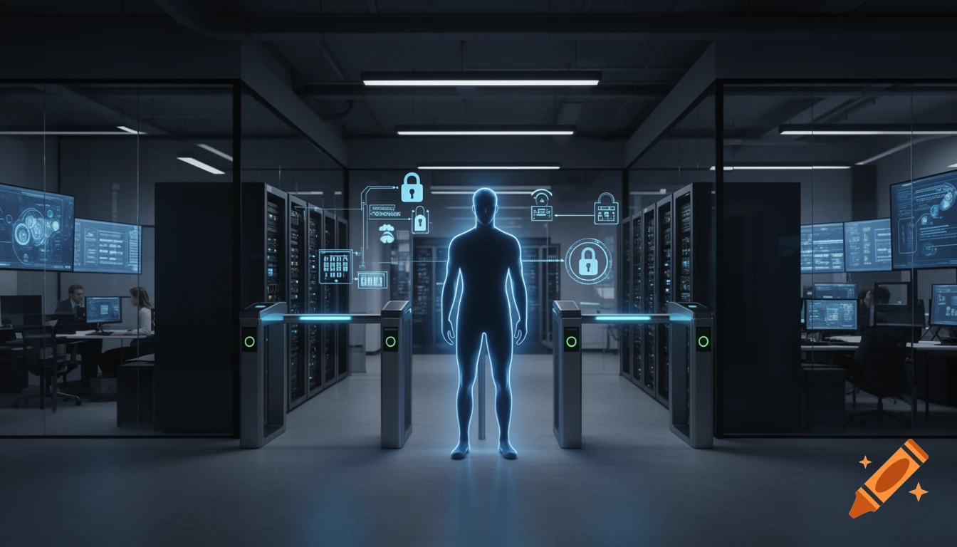 Glowing human silhouette with digital security icons standing in a modern corporate server room.