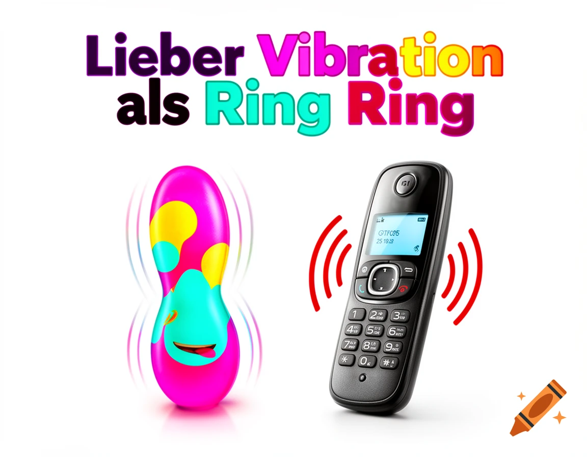 Colorful toy with a face next to a cordless phone against a white background, with German text above.