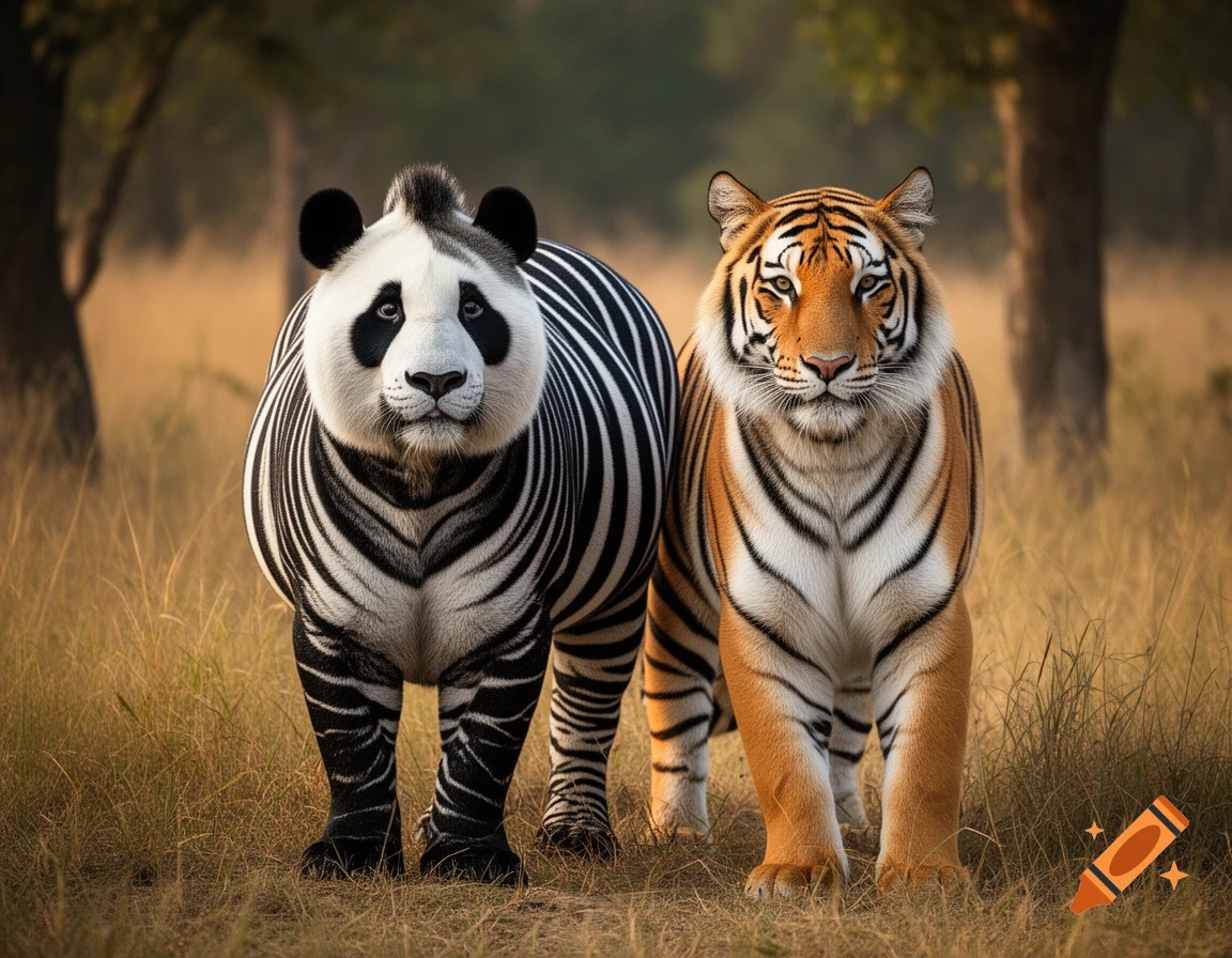 Photorealistic hybrid panda-zebra standing next to a tiger in a grassy savanna.