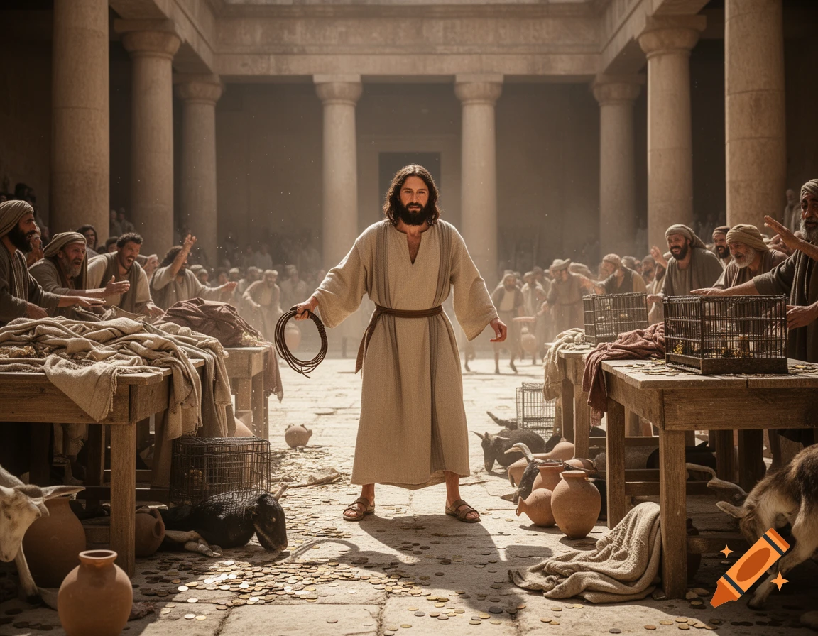 Jesus holding a whip standing in the middle of a temple courtyard with flipped tables and scattered coins, photorealistic.
