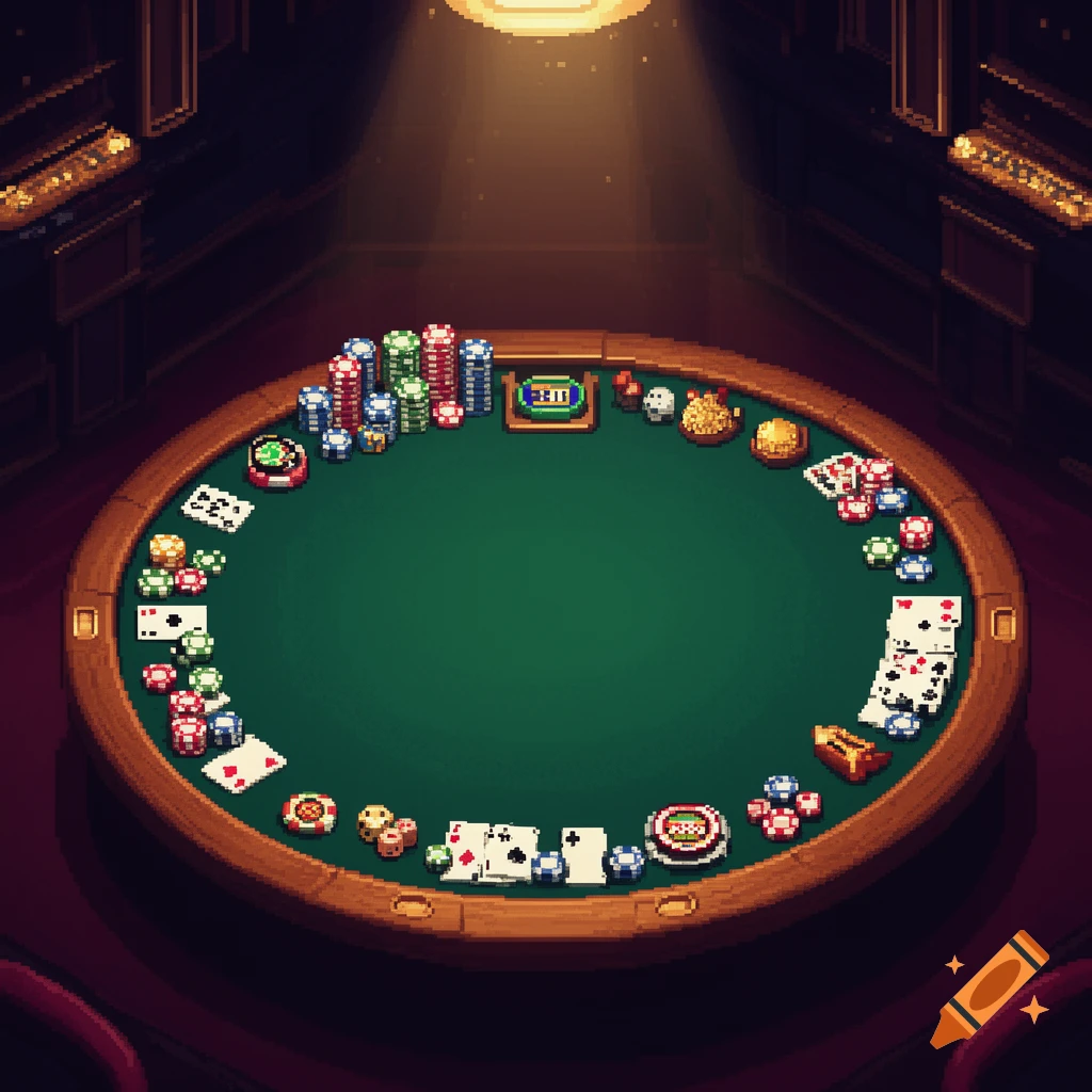 Pixel art of a round green poker table with chips and cards under a spotlight in a dark room