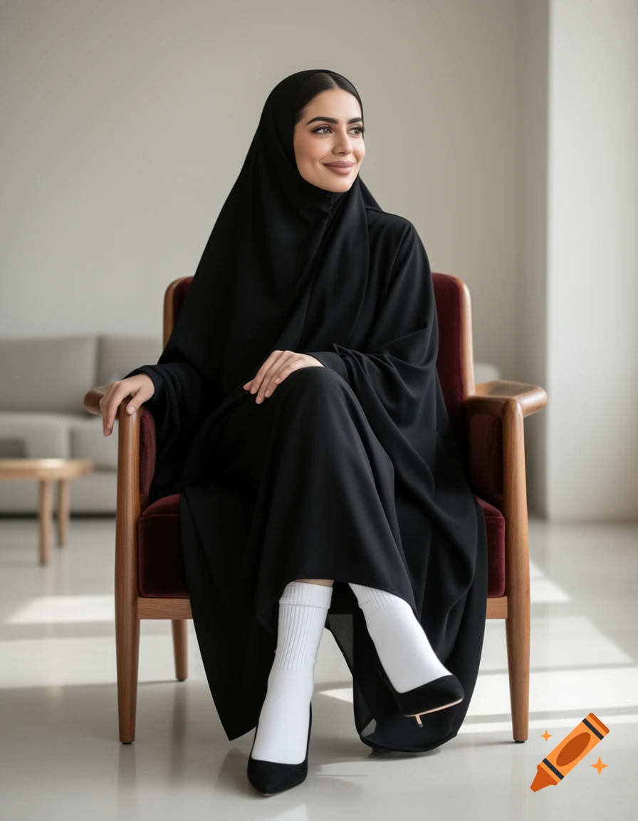 Photorealistic fashion portrait of a smiling Middle Eastern woman in a black chador, seated in a modern chair with white socks and heels.