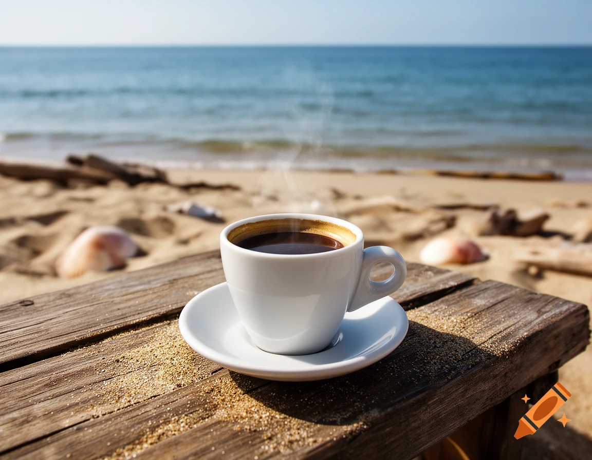 A cup of steaming espresso on a wooden table with sand and seashells, with the ocean in the background, photorealistic.