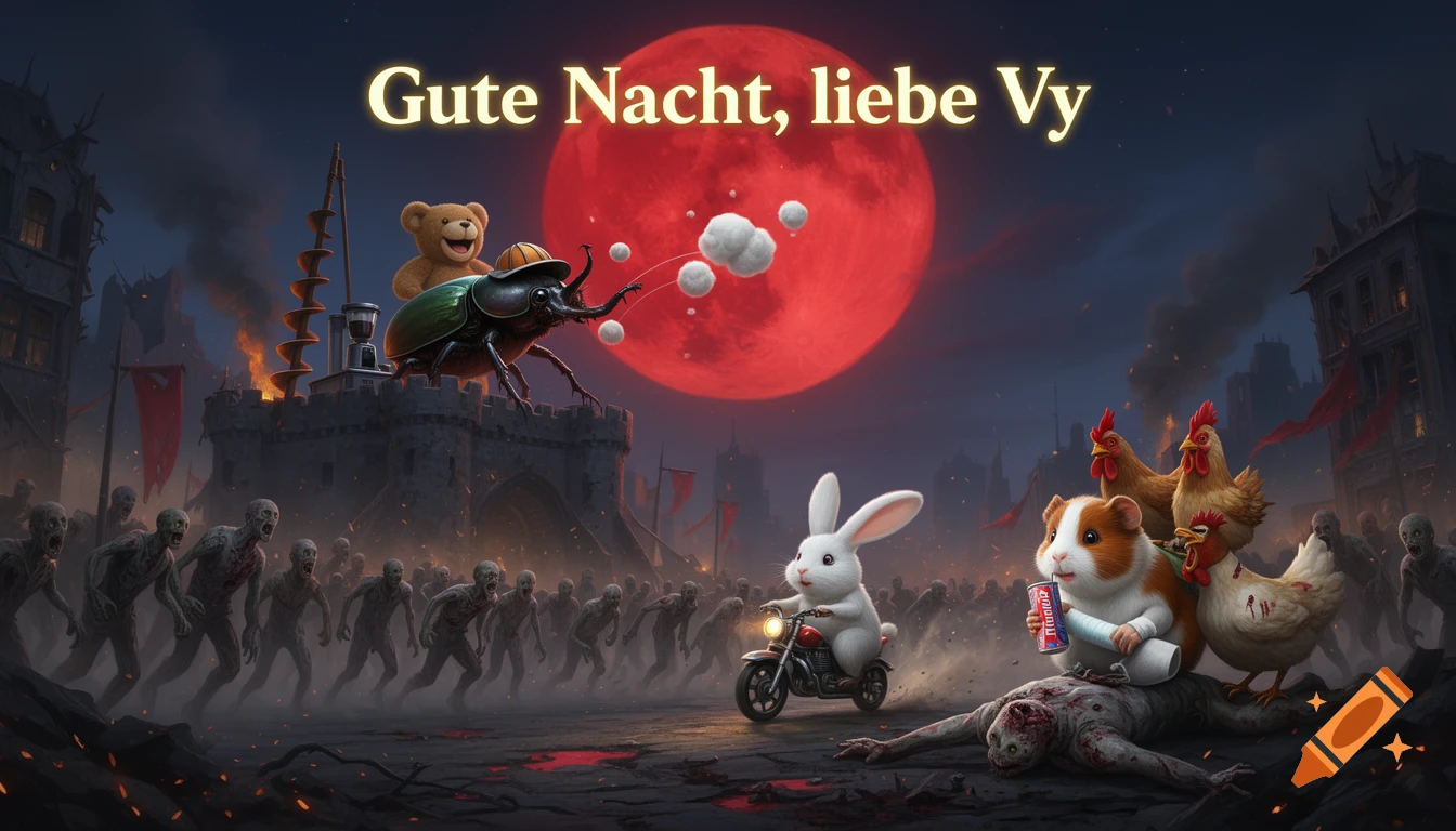 Surreal digital illustration of a zombie apocalypse with a giant beetle on a castle, a rabbit on a motorcycle, and a guinea pig with chickens.