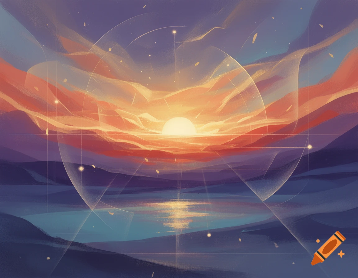 Digital illustration of an abstract sunrise over a reflective body of water, featuring geometric overlay lines.