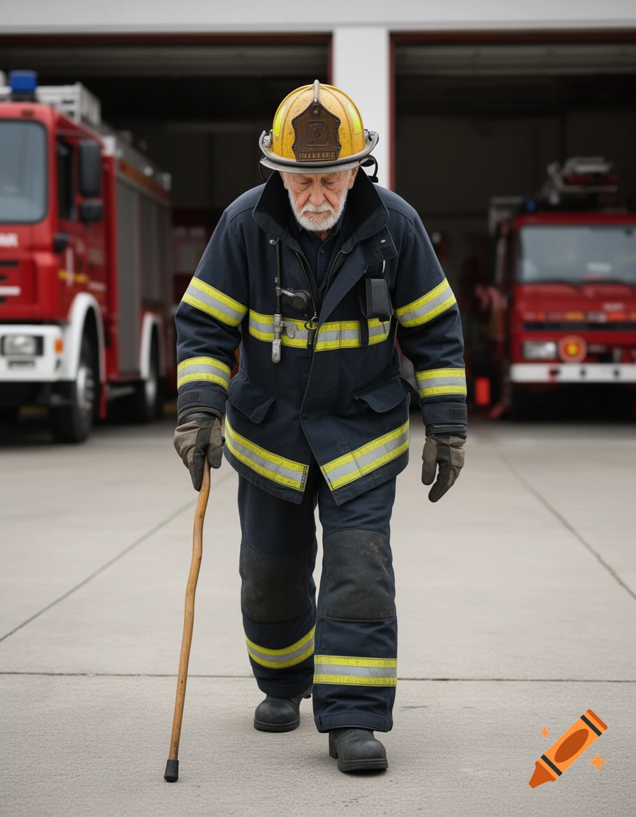 Photorealistic image of an elderly male firefighter wearing a yellow helmet and dark uniform, walking forward with a cane in front of a fire station.