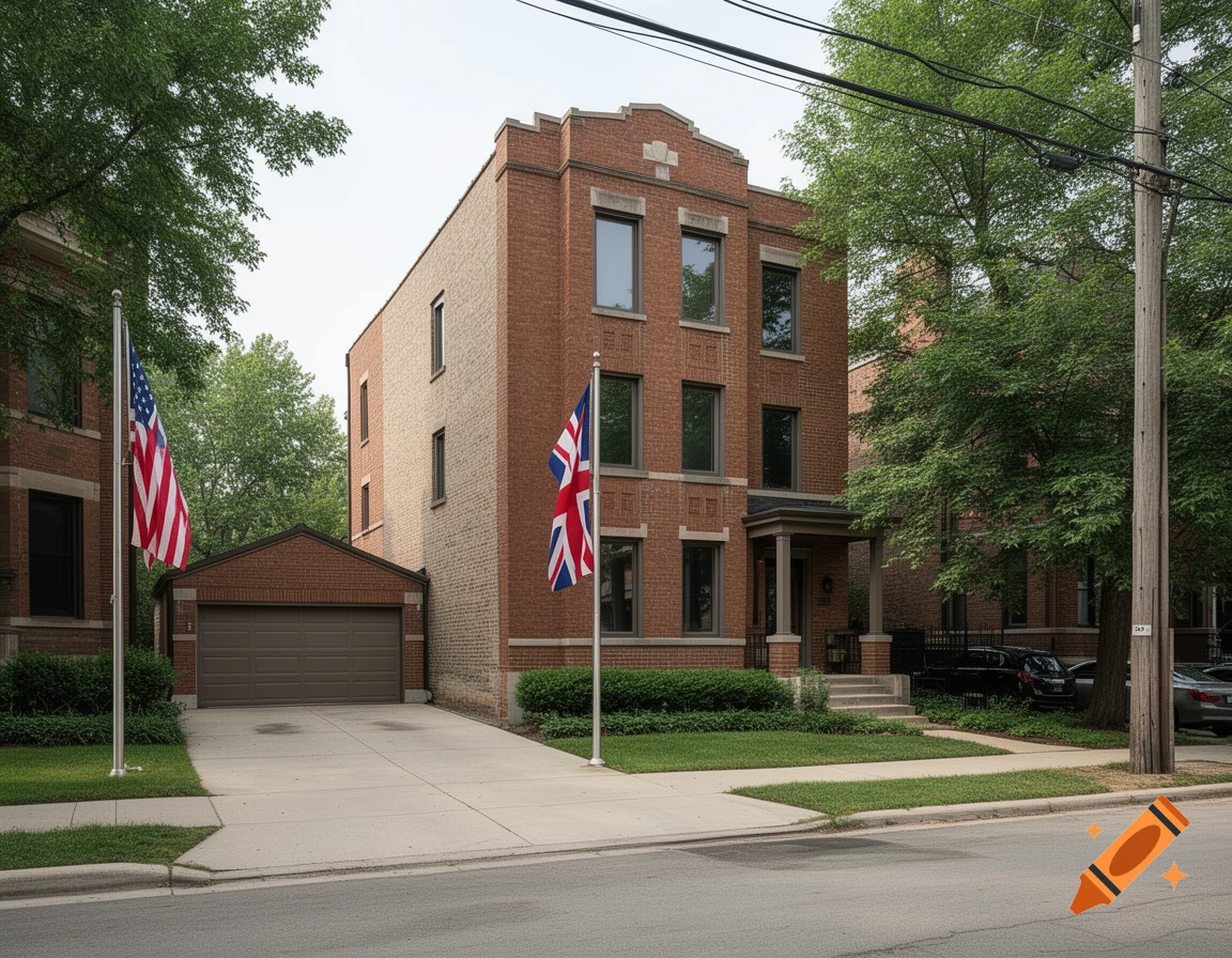 Photorealistic image of a three-story brick house in Chicago with an American flag and a British flag in front.