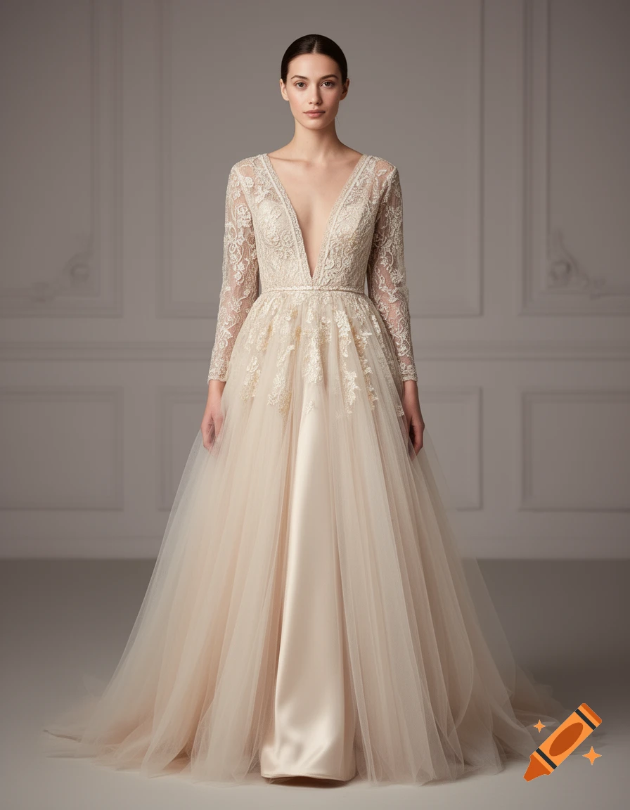 Photorealistic full-length portrait of a woman wearing a pale pink long-sleeve lace wedding dress with a deep V-neck and tulle skirt.