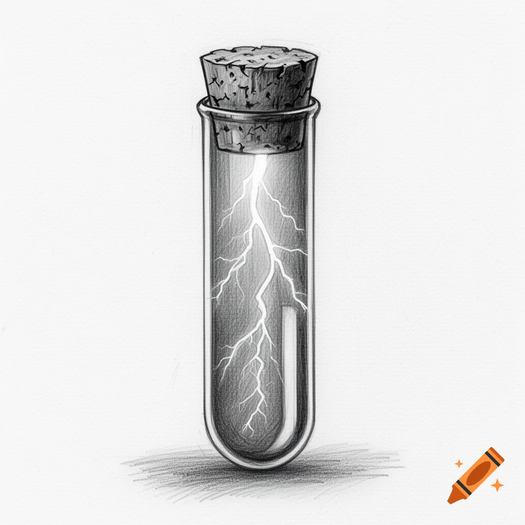 Pencil drawing of a glass test tube with a cork stopper containing glowing lightning inside.