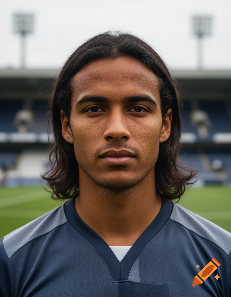 Photorealistic portrait of a brown-skinned male footballer with long dark hair, wearing a dark blue jersey in a stadium setting.