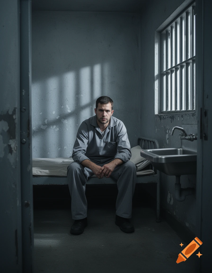 A man in a grey prison uniform sitting on a cot in a bleak, grey jail cell with barred windows, photorealistic style.