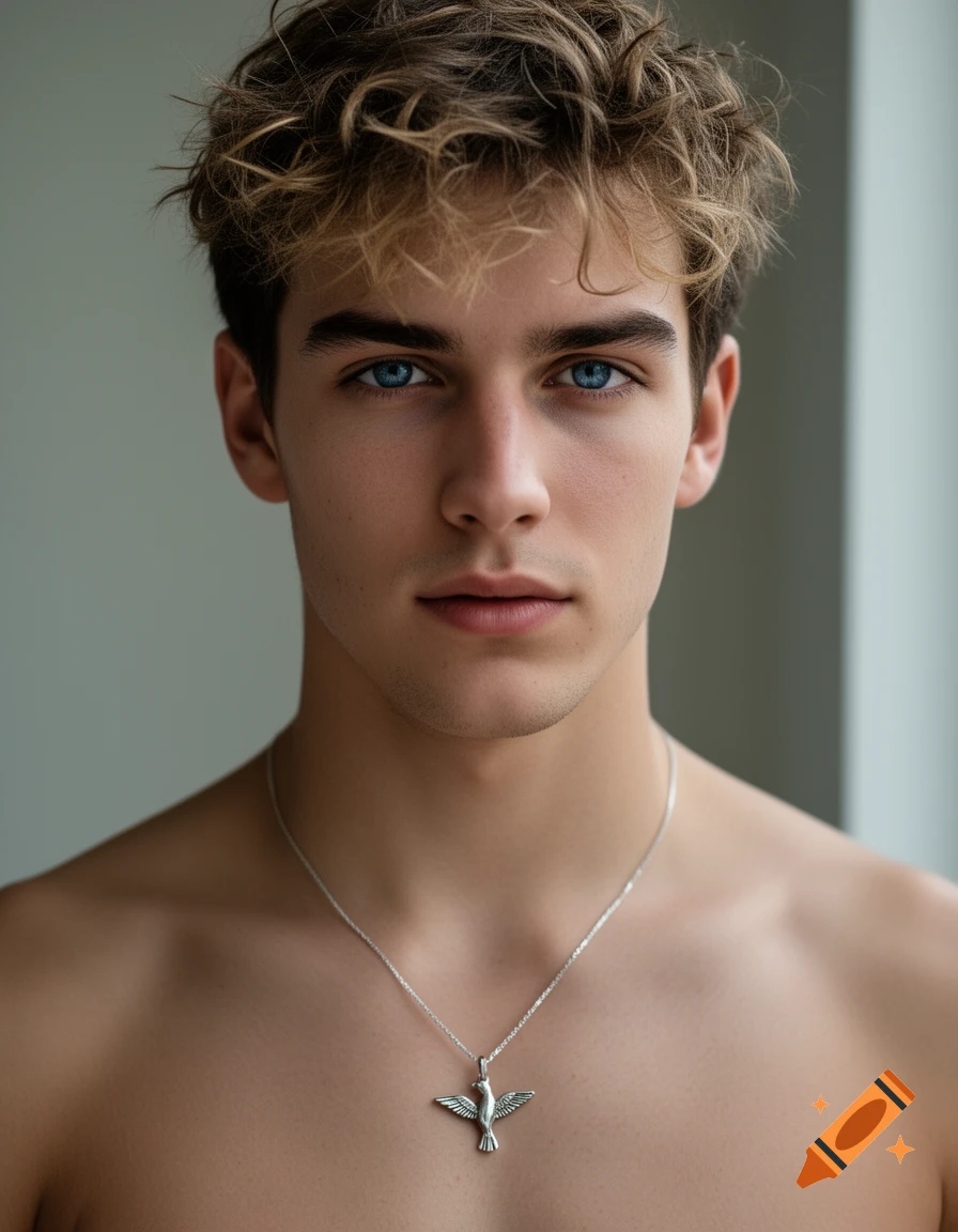 Photorealistic close-up portrait of a 20-year-old young man with messy dark blonde hair and blue eyes, wearing a silver bird pendant necklace.