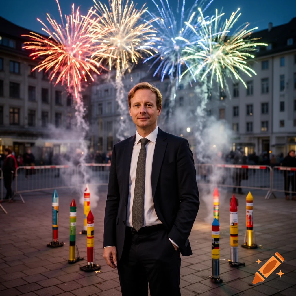 Photorealistic portrait of German politician Lars Klingbeil standing outdoors with fireworks in the background.